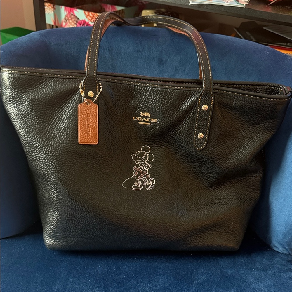 Coach Black Leather Tote with Tan Tag and Minnie Sketch